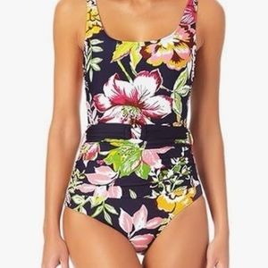 Anne Cole Black and Pink Floral One Piece Swimsuit with Belt